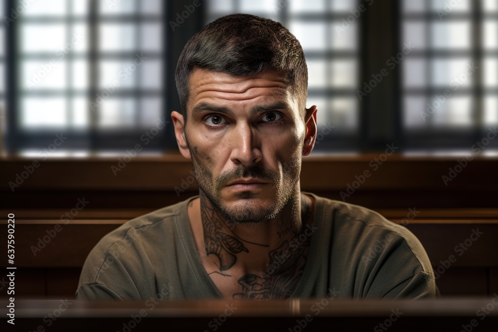 Portrait of the defendant with tattoos in court. The concept of justice. Portrait of the defendant with tattoos in court. The concept of justice.