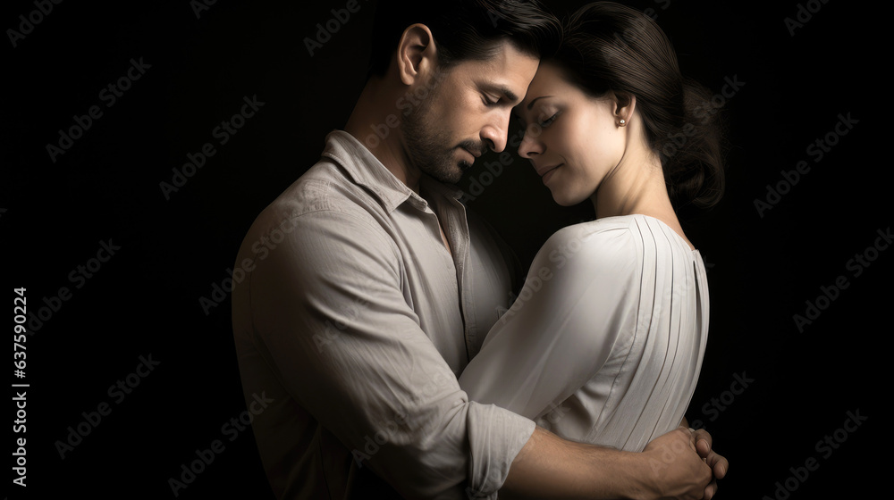 A tender moment between a loving couple as they share a close embrace. Their expressions radiate warmth, happiness, and a profound bond that is palpable. Generative AI