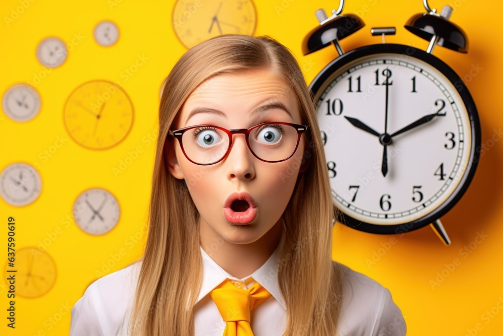 Φωτογραφία The surprised face of a schoolgirl who is late for school for a lesson