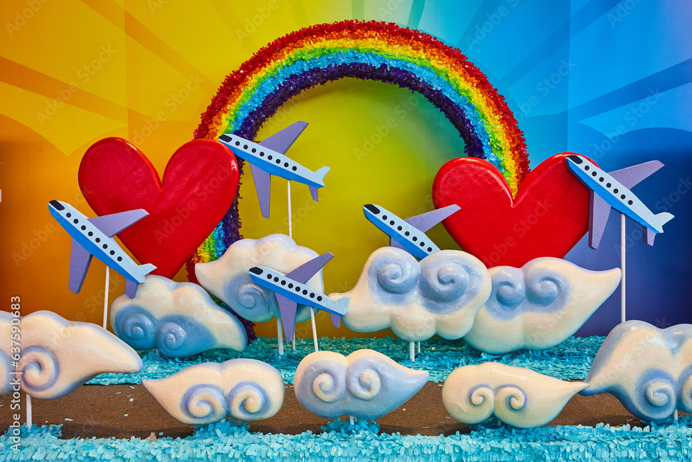 Wall Mural Diorama artwork of airplanes flying through clouds to a rainbow with love