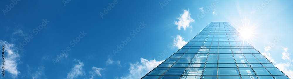 Modern Glass skyscraper header low angle blue sky banner copy space corporate concept Modern Glass skyscraper header low angle blue sky banner copy space corporate concept