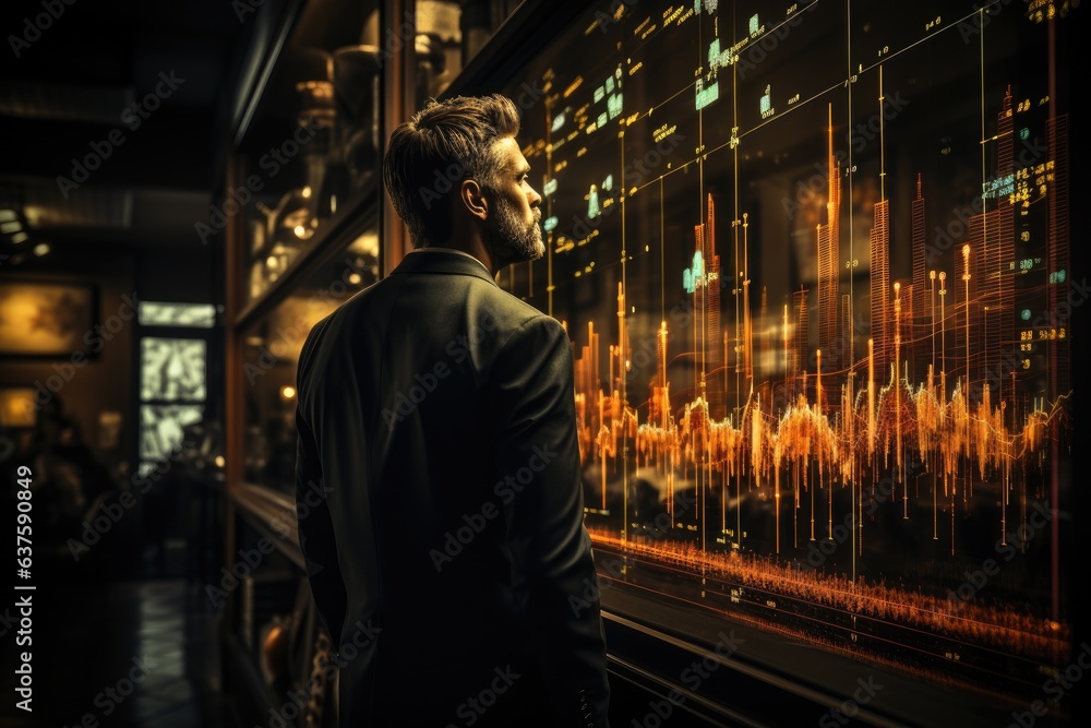 Businessman analyzing company growth, future business growth arrow graph. Generative AI Businessman analyzing company growth, future business growth arrow graph. Generative AI
