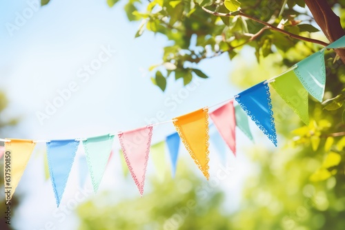colorful pennant string decoration in green tree foliage