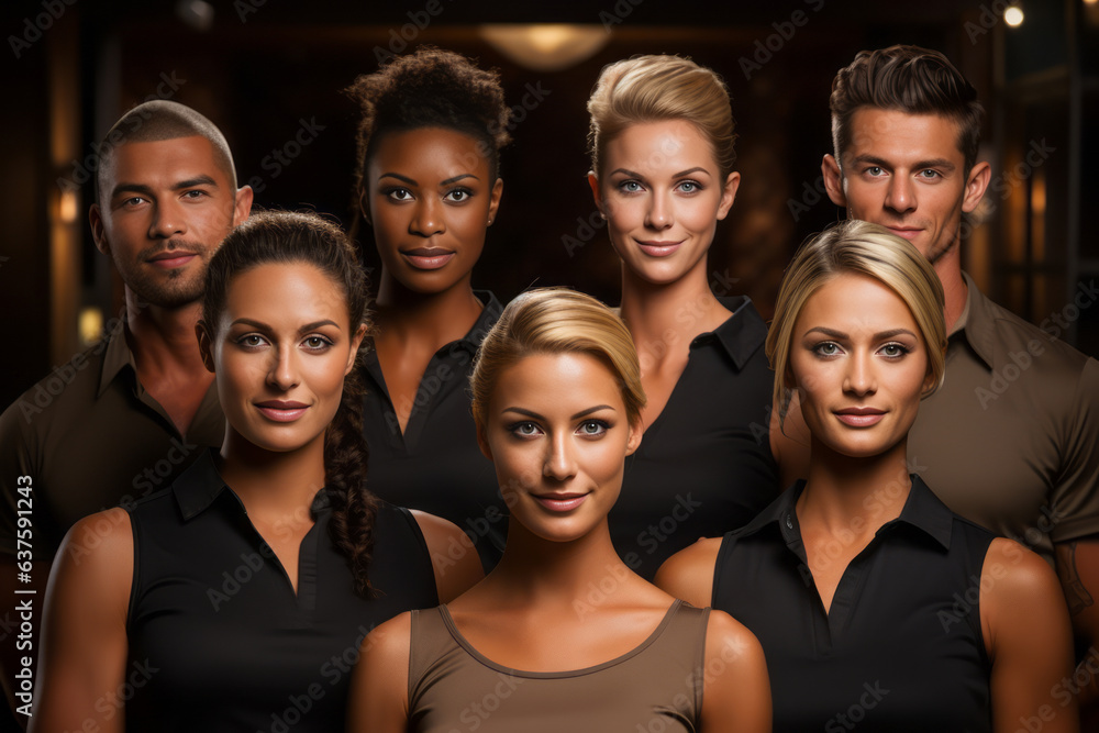Advertising portrait shot of a spa staff team standing together in a spa and they look at the camera. Generative Ai Advertising portrait shot of a spa staff team standing together in a spa and they look at the camera. Generative Ai