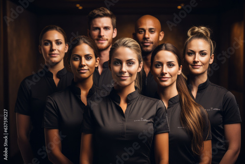 Advertising portrait shot of a spa staff team standing together in a spa and they look at the camera. Generative Ai