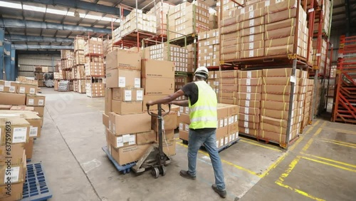 Warehouse Worker Pushes A Hand Pallet Truck With Boxes
