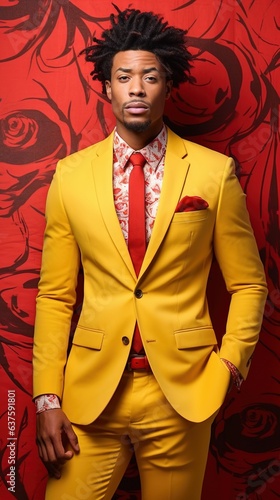 Stylish African-American man in a luxurious yellow suit.