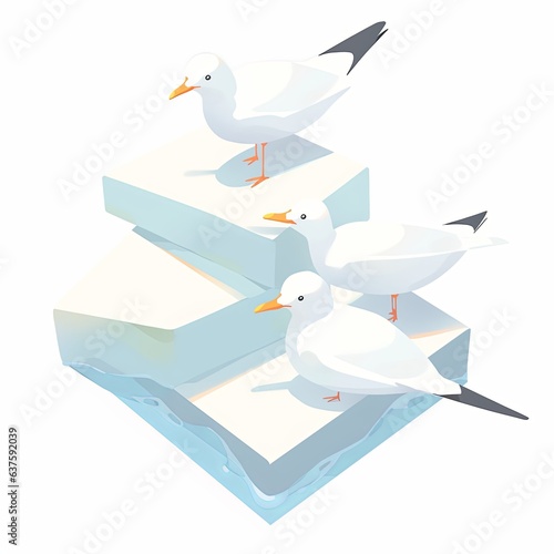 Seagulls on square ice blocks in ocean, isometric view, flat design style