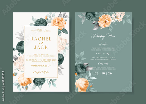 Wedding invitation template set with emerald green floral and leaves decoration	