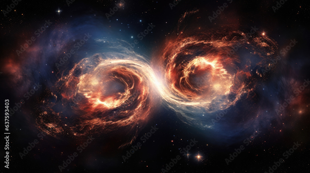 A pair of galaxies spinning ever faster like two chaotic circles in a mesmerizing dance of gathering energy eventually throwing off their excess energy in a panoramic outwardly expanding wave