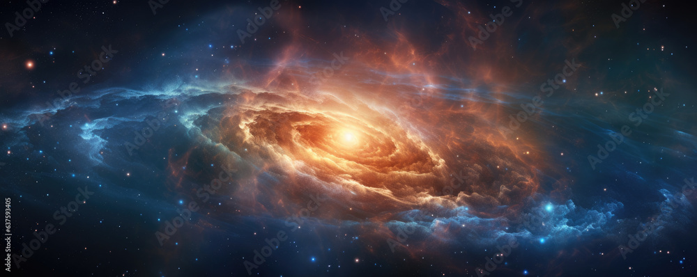 Fototapeta premium A sprawling galaxy its majestic spiral arms ever growing shimmering with the backlighting of cosmic inflation its dust clouds reflecting bursts of energy stronger than any star or black hole.
