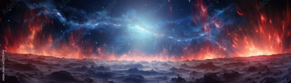 A spectacular clash of powerful cosmic jets fill the sky while intense bursts of light illuminate the surrounding clouds of gas and matter. The jets course through a majestic stellar landscape