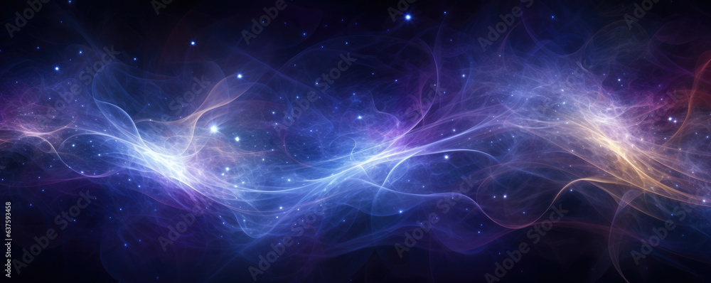 The stars look on as a glowing array of strings of energy pulse and vibrate across the night sky. Glittering tendrils of ethereal blue purple and yellow wrap around each other in an intense cosmic The stars look on as a glowing array of strings of energy pulse and vibrate across the night sky. Glittering tendrils of ethereal blue purple and yellow wrap around each other in an intense cosmic