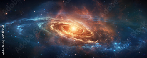 A sprawling galaxy its majestic spiral arms ever growing shimmering with the backlighting of cosmic inflation its dust clouds reflecting bursts of energy stronger than any star or black hole.