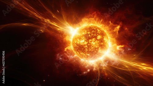 A wave of pulsing plasma is emanating from the face of the sun resulting in a blinding river of yellow and red hot energy which is violently radiating outwards. Gaussianlike rings of solar flares in