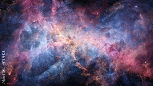 A brilliant tapestry of blues and pinks is seen in this interstellar radiation heating image. Hot and cold gas regions can be seen in stark contrast in an artistically chaotic composition. White stars