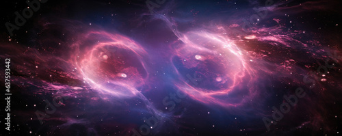 Two distant galaxies appear in the distance separated by an expansive void of swirling cosmic radiation that originates from the cosmic microwave background. The purple and pink hues of the background