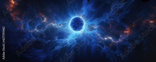 A vibrant star system and its accompanying stellar winds can be seen shrouded by a thick layer of swirling cosmic dust. Brightly colored molecules cast a deep blue hue within vast pockets of cosmic