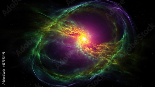 A blazingly bright yellowgreen planetary nebula surrounded by filaments of deep blue and purple gas. Red and gold clouds seem to stretch out into the depths of space fading from view as the thickness