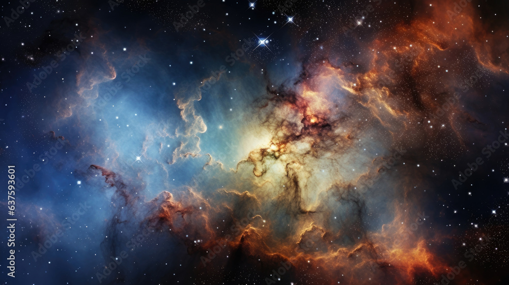 Obraz premium A vivid display of cosmic collision is revealed in this image. The swirling clouds of gas and dust encase a brilliant source of light at the center with a blend of oranges yellows and blues radiating