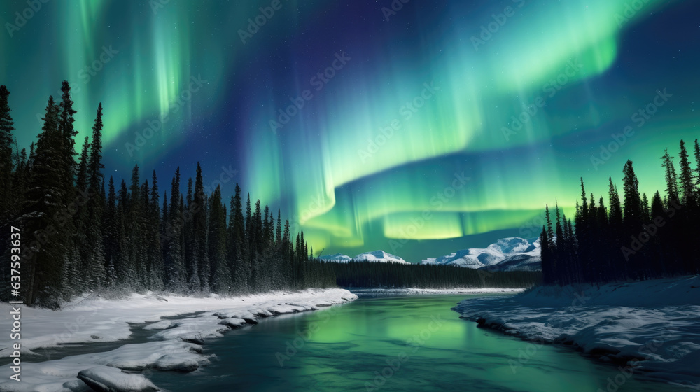 A captivating view of the Aurora Borealis displays shimmering rays of light in shades of pristine blue pulsating with streaks of vibrant green and pastels of salmon. These curtainlike waves of light