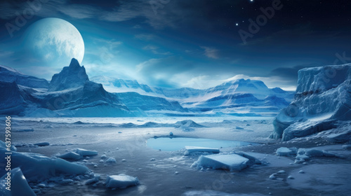 A distant view of Jupiter s moon Europa shows off the craggy landscape of its icy terrain in varying shades of blues and greys against a backdrop of a starfilled sky. Large chunks of ice saturate the © Justlight