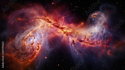 A breathtaking view of two colliding galaxies merging in the depths of space. The smaller galaxy on the left is aglow with pink and blue hues while the larger one on the right is swathed with patches