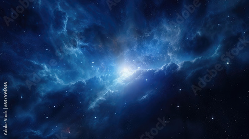 A brilliant blue supergiant star sits at the center of a vibrant gas cloud its beauty and majesty filling the darkness of space. Its illuminated rays of blue light shimmer through the cosmic fog