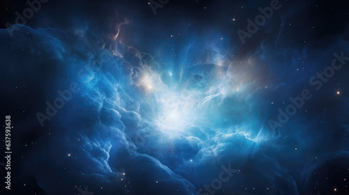 A brilliant blue supergiant star sits at the center of a vibrant gas cloud its beauty and majesty filling the darkness of space. Its illuminated rays of blue light shimmer through the cosmic fog photo