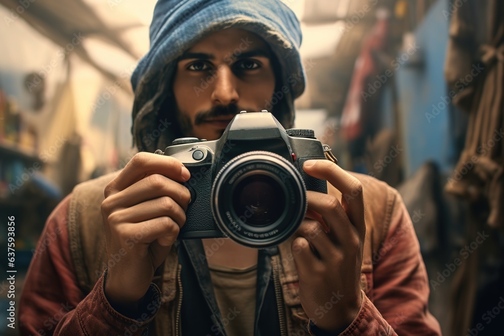 Obraz premium Arab man with a camera takes pictures on the street.