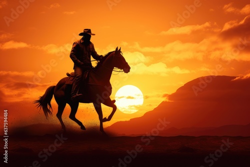 Cowboy riding a horse into a sunset silhouette © Celina