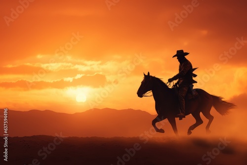 Cowboy riding a horse into a sunset silhouette