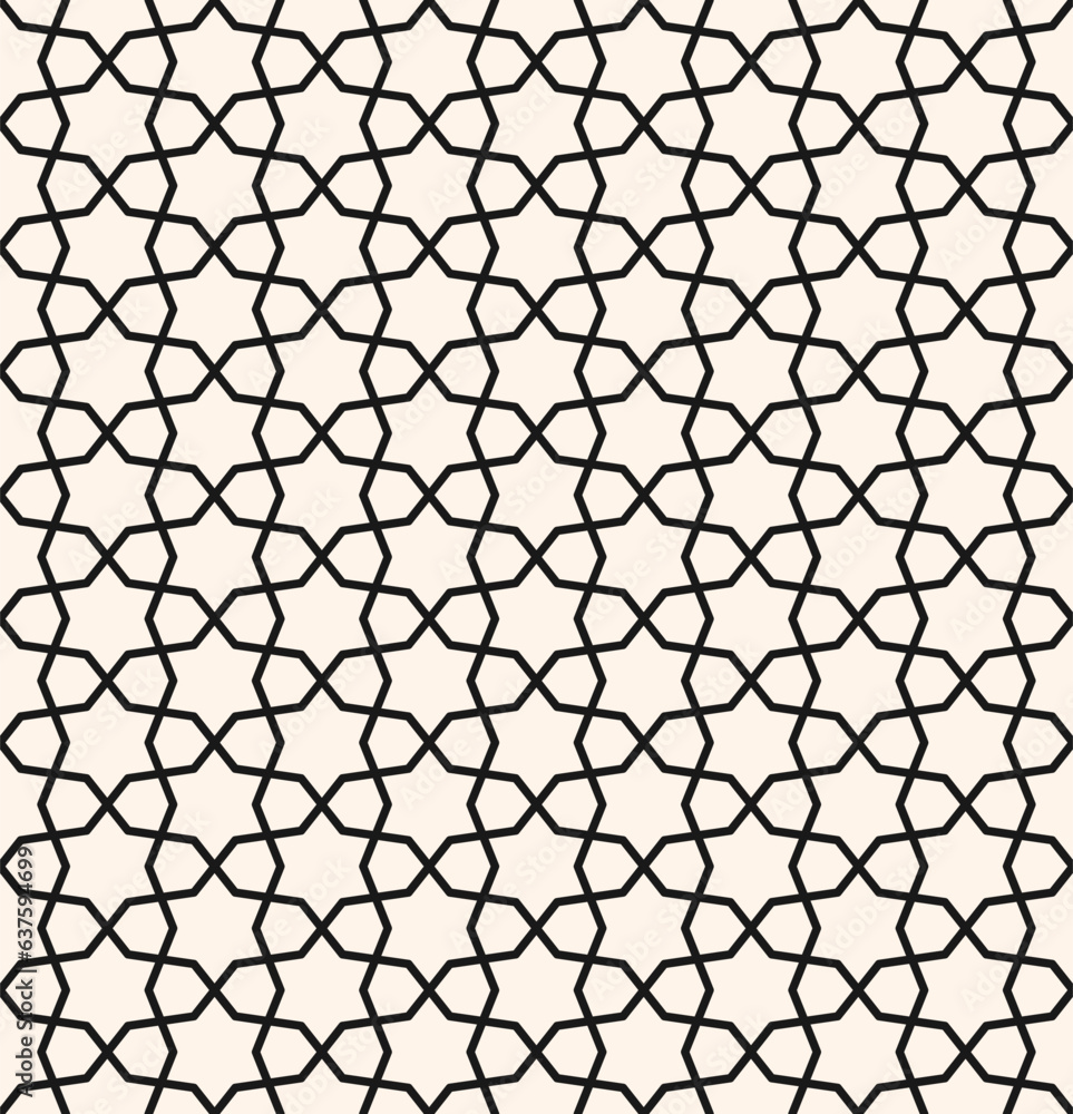 Fototapeta premium Abstract geometric seamless pattern in traditional Islamic style. Black and white ornament with thin lines, oriental mosaic, floral grid. Monochrome ornamental background. Modern geo design for decor