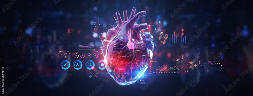 Fototapeta premium futuristic medical research or heart cardiology health care with diagnosis vitals infographic biometrics for clinical and hospital stethoscope and catheter services as wide banner with copy space area