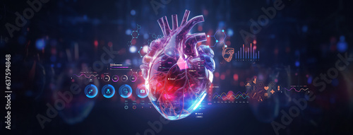 futuristic medical research or heart cardiology health care with diagnosis vitals infographic biometrics for clinical and hospital stethoscope and catheter services as wide banner with copy space area photo