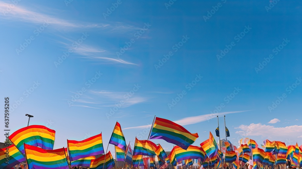 A panoramic display of LGBTQ+ pride flags waving against a clear sky during a pride parade. A panoramic display of LGBTQ+ pride flags waving against a clear sky during a pride parade.