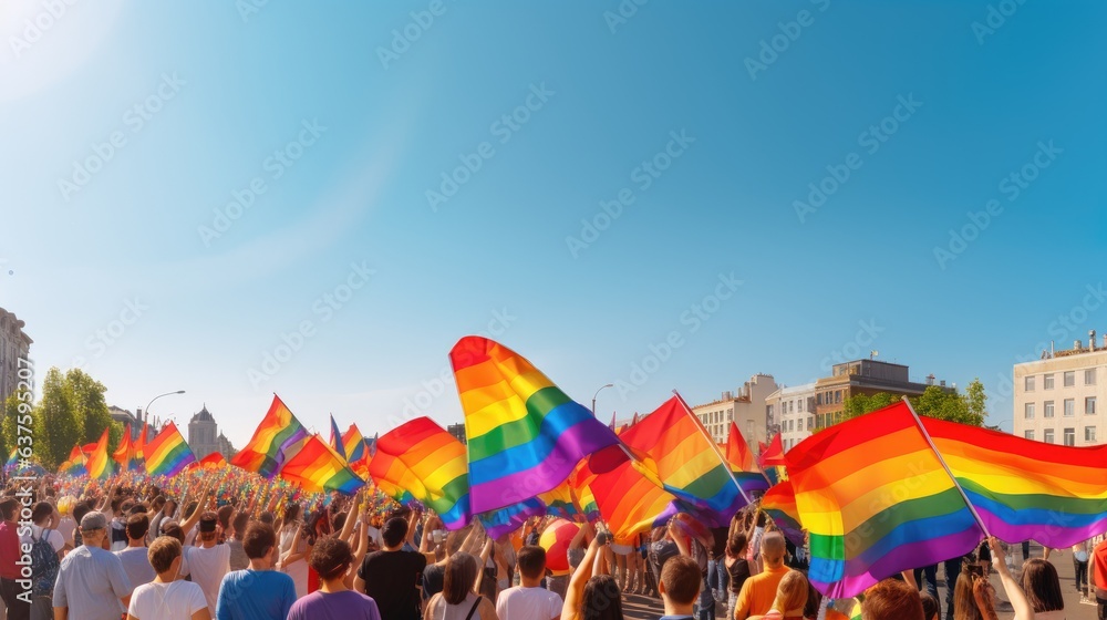 A panoramic display of LGBTQ+ pride flags waving against a clear sky during a pride parade. A panoramic display of LGBTQ+ pride flags waving against a clear sky during a pride parade.