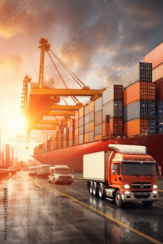 Transportation and logistics. Import, export and transport industry of truck container cargo ship. Generative AI