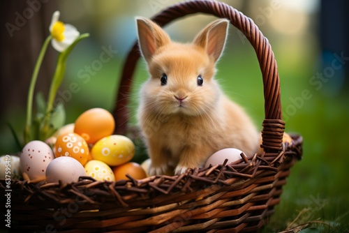 Little Bunny In Basket With Decorated Eggs - Easter Card   Generative AI © Kay