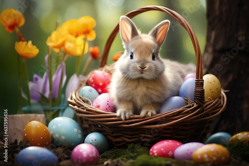 Little Bunny In Basket With Decorated Eggs - Easter Card   Generative AI