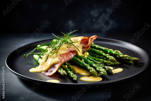 Delicious asparagus dish with ham and hollandaise sauce photo