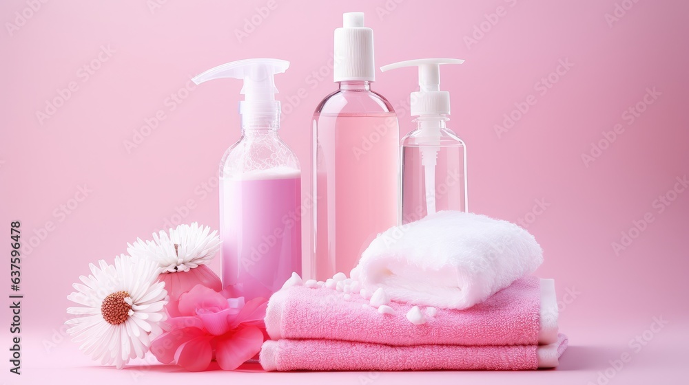 Pink shampoo and shower gel bottle mockups Pink shampoo and shower gel bottle mockups