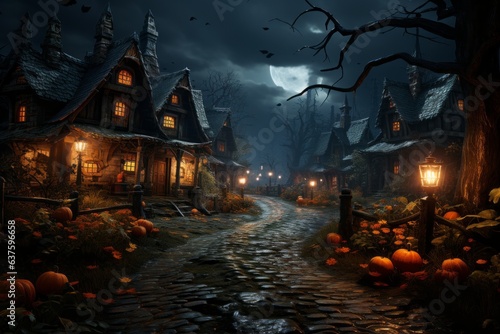 Halloween Horror Nitht: Spooky Costumes, Jack-o'-Lantern Pumpkins, Trick-or-Treat Candy Delights, Ghostly Haunted House, Witchy Fun, Vampire and Zombie Thrills, Skeletons and Spiders in Autumn Views © Aurora Blaze