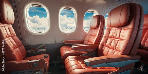 Empty Premium comfort First class red seats, luxury armchairs in plane for travel.