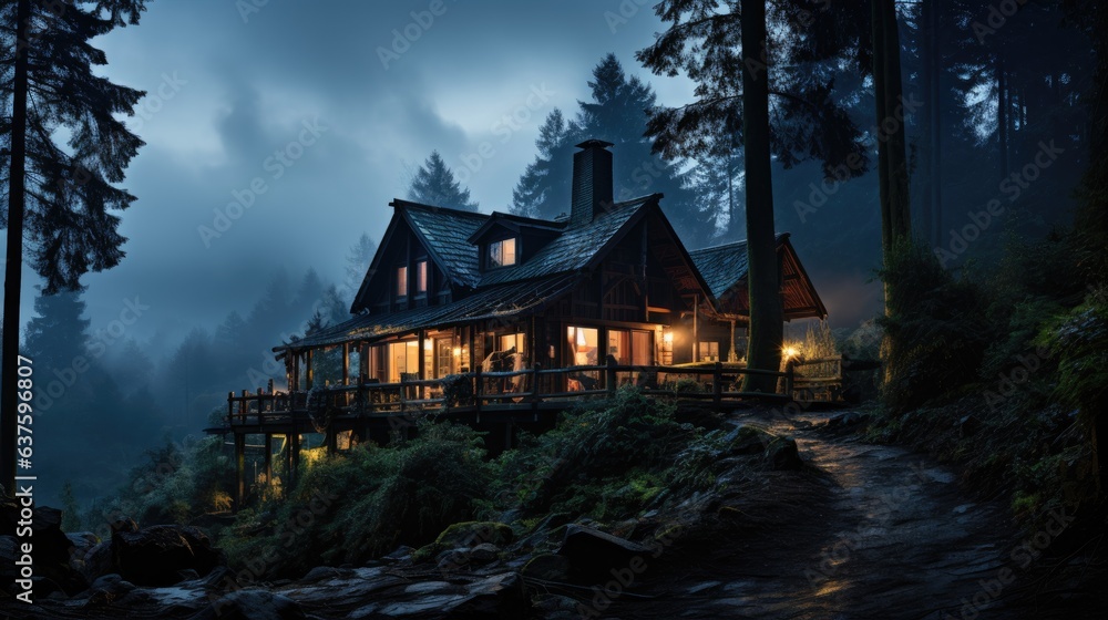 A house with lights in a deserted forest A house with lights in a deserted forest