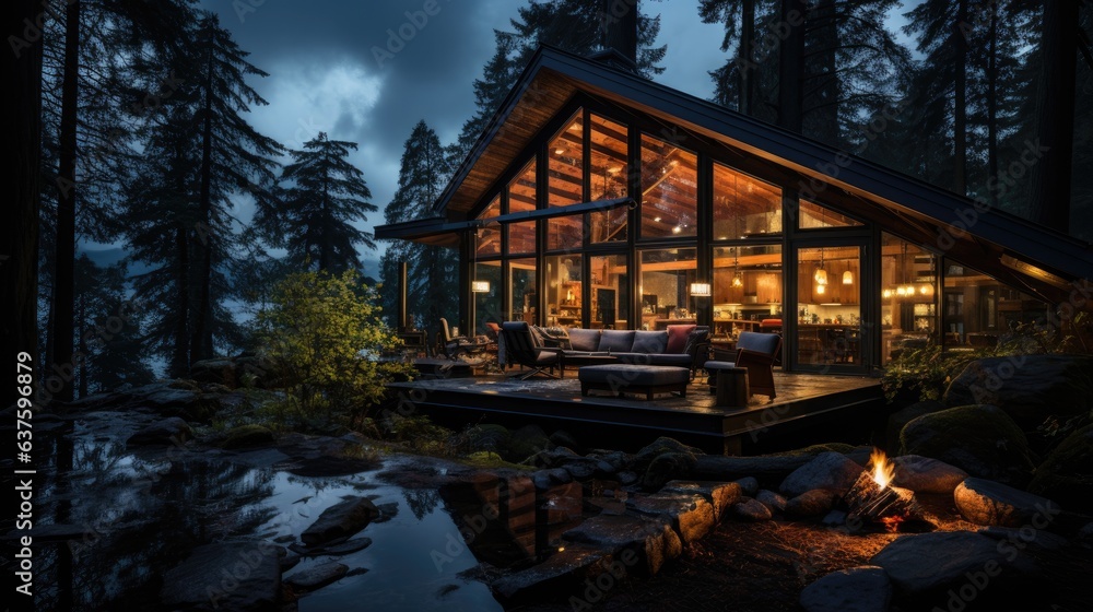 Fototapeta premium A house with lights in a deserted forest