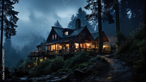 A house with lights in a deserted forest © GMZ