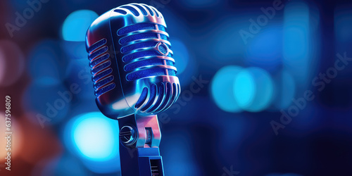 Microphone, close up shot, neon blue color palette. Microphone on blurred club background with copy space. Banner template for karaoke club. 