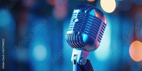 Microphone, close up shot, neon blue color palette. Microphone on blurred club background with copy space. Banner template for karaoke club.