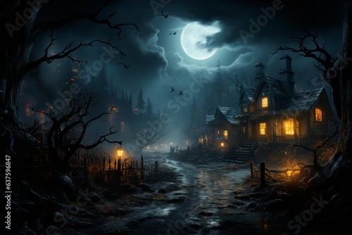 Halloween Horror Nitht: Spooky Costumes, Jack-o'-Lantern Pumpkins, Trick-or-Treat Candy Delights, Ghostly Haunted House, Witchy Fun, Vampire and Zombie Thrills, Skeletons and Spiders in Autumn Views